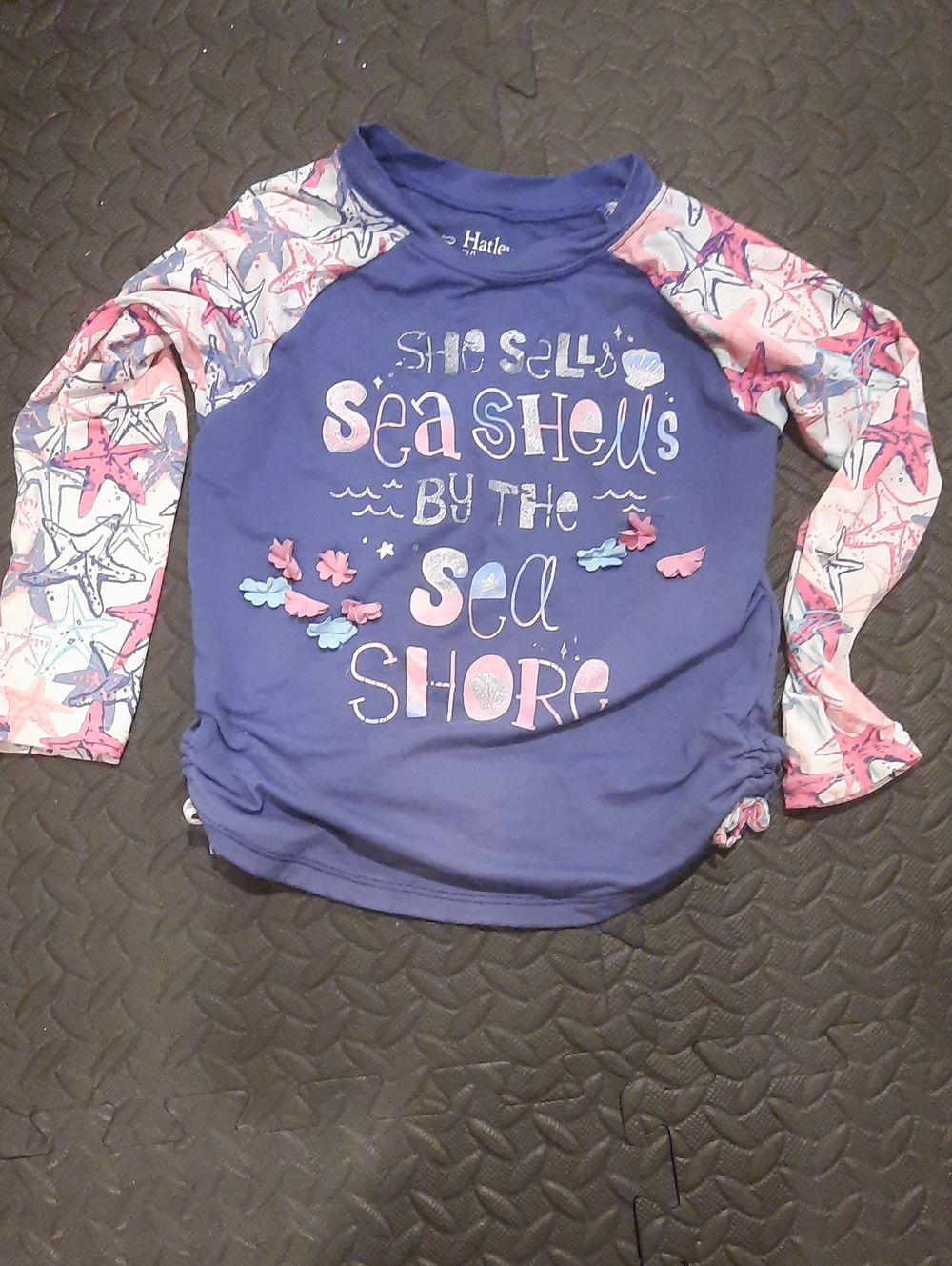Hatley Blue Rashguard with Pink & White Starfish Sleeves